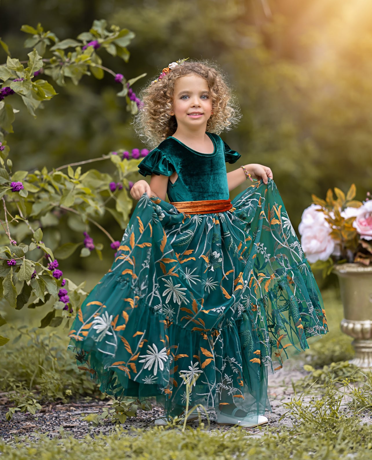 Forest Green Velvet Flower Girl Dresses - Embroidered Tulle - The Little Kitten Boutique