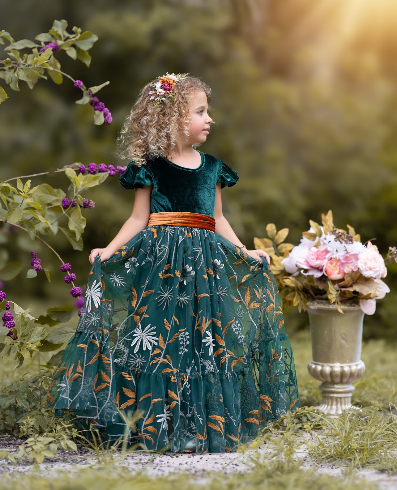 Forest Green Velvet Flower Girl Dresses - Embroidered Tulle - The Little Kitten Boutique