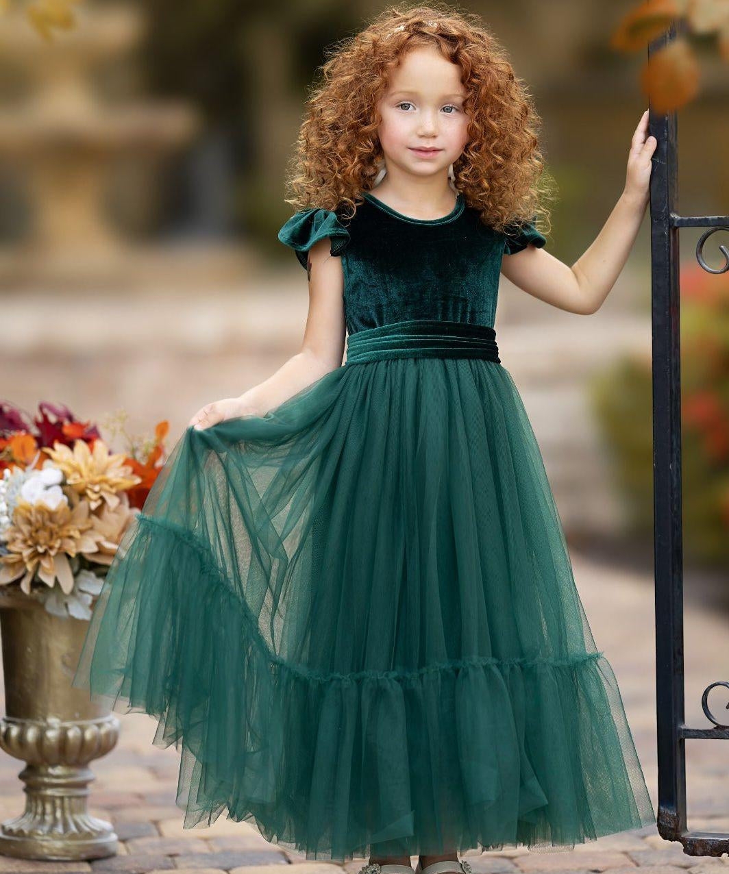 Hunter Green Velvet and Tulle Flower Girl Dress - The Little Kitten Boutique
