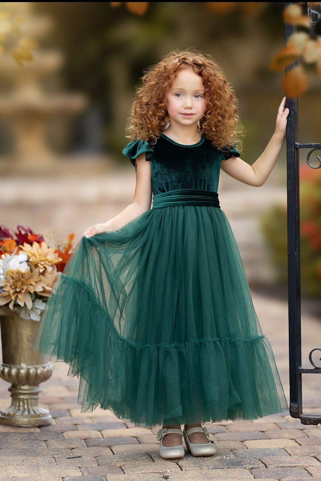 Hunter Green Velvet and Tulle Flower Girl Dress - The Little Kitten Boutique