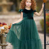 Hunter Green Velvet and Tulle Flower Girl Dress - The Little Kitten Boutique