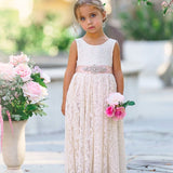 Sleeveless Ankle-Length Lace Flower Girl Dress - Rose, White, Ivory - The Little Kitten Boutique
