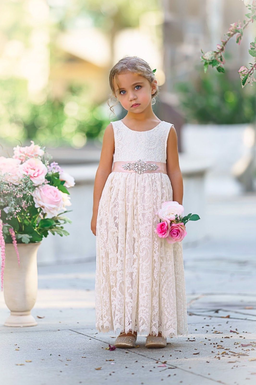 Sleeveless Ankle-Length Lace Flower Girl Dress - Rose, White, Ivory - The Little Kitten Boutique