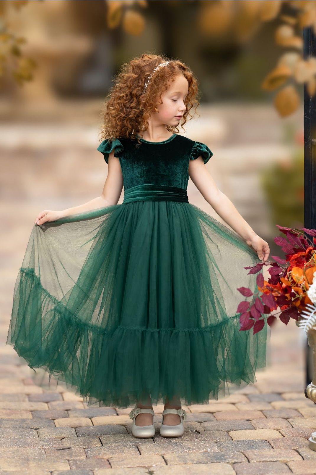 Hunter Green Velvet and Tulle Flower Girl Dress - The Little Kitten Boutique