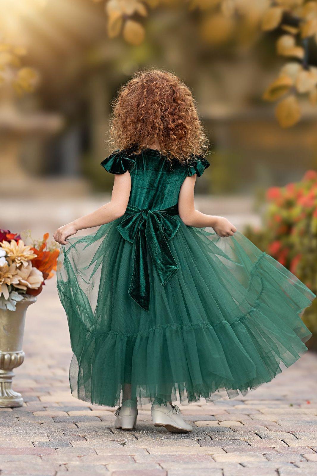 Hunter Green Velvet and Tulle Flower Girl Dress - The Little Kitten Boutique