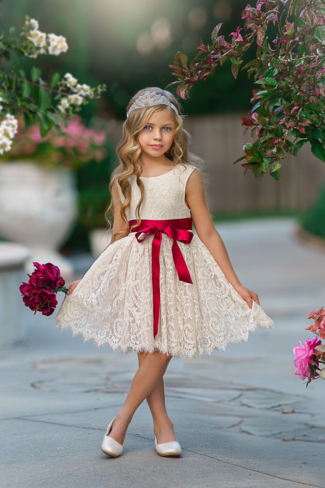 Sleeveless Knee Length Lace Flower Girl Dresses - The Little Kitten Boutique