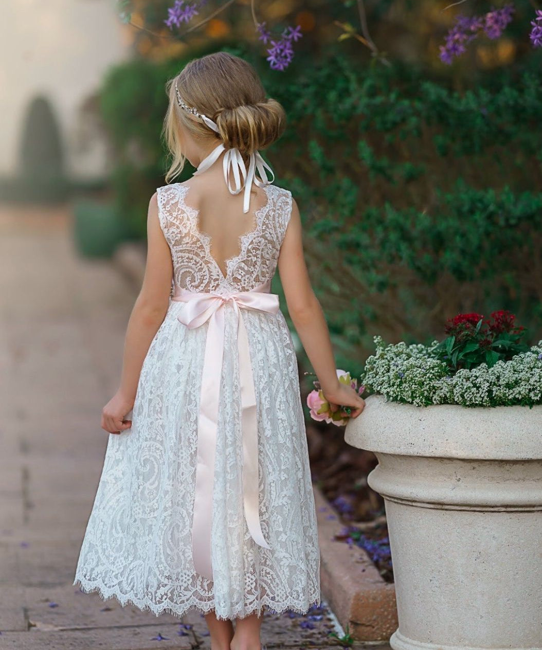 Sleeveless Ankle-Length Lace Flower Girl Dress - Rose, White, Ivory - The Little Kitten Boutique