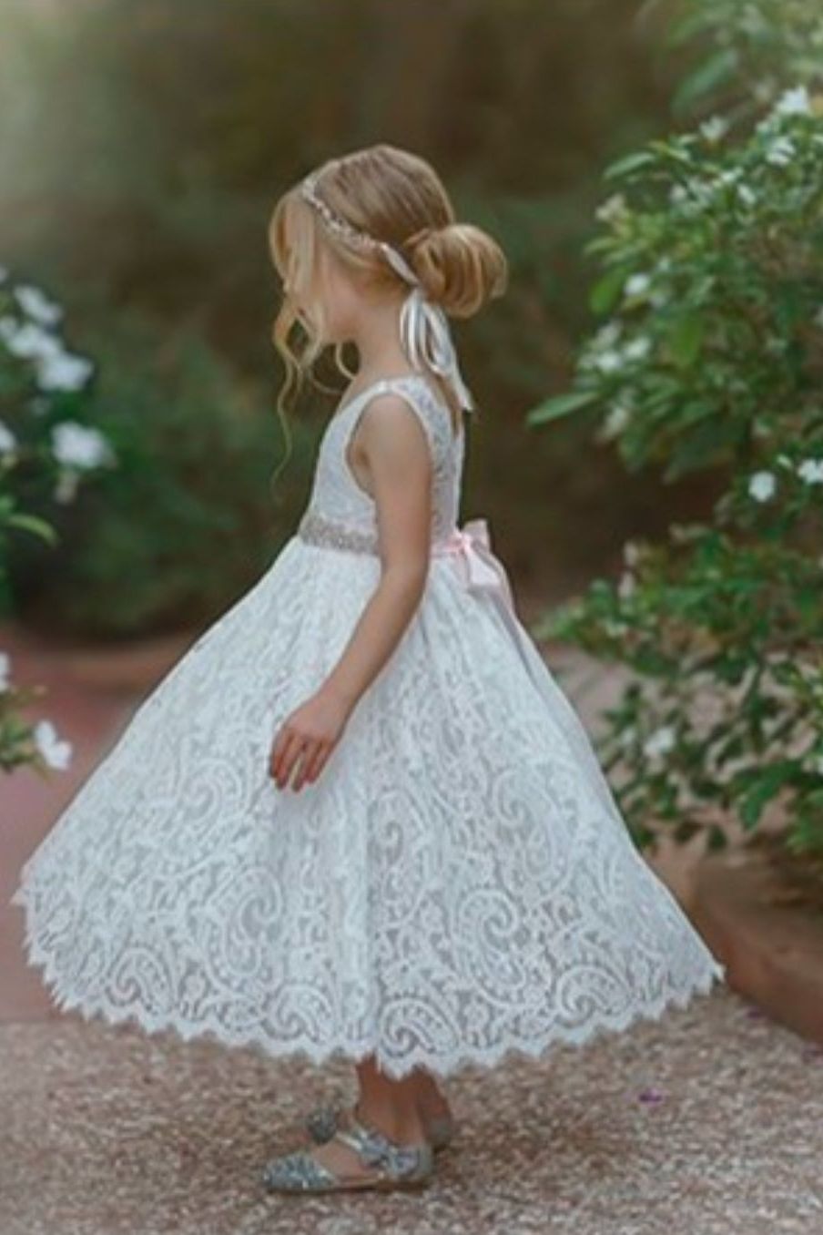 Sleeveless Ankle-Length Lace Flower Girl Dress - Rose, White, Ivory - The Little Kitten Boutique