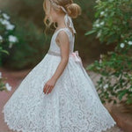 Sleeveless Ankle-Length Lace Flower Girl Dress - Rose, White, Ivory - The Little Kitten Boutique