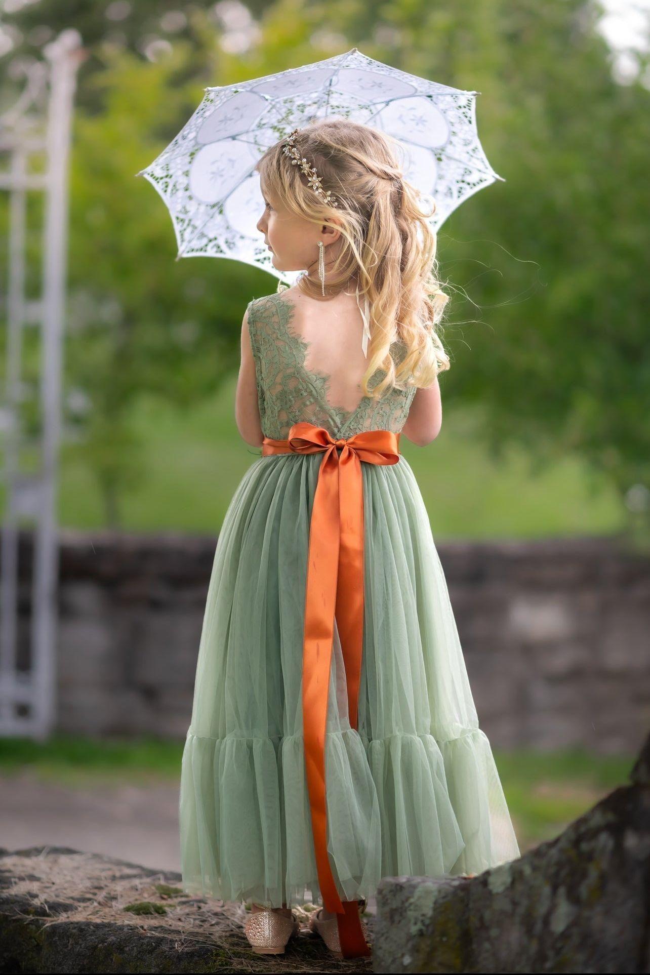 Sleeveless Sage Green Flower Girl Dress- Mermaid Bottom Layer - The Little Kitten Boutique
