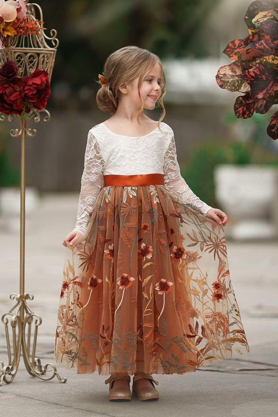 Long Sleeve Lace Tulle Flower Girl Dress - Fall Wedding