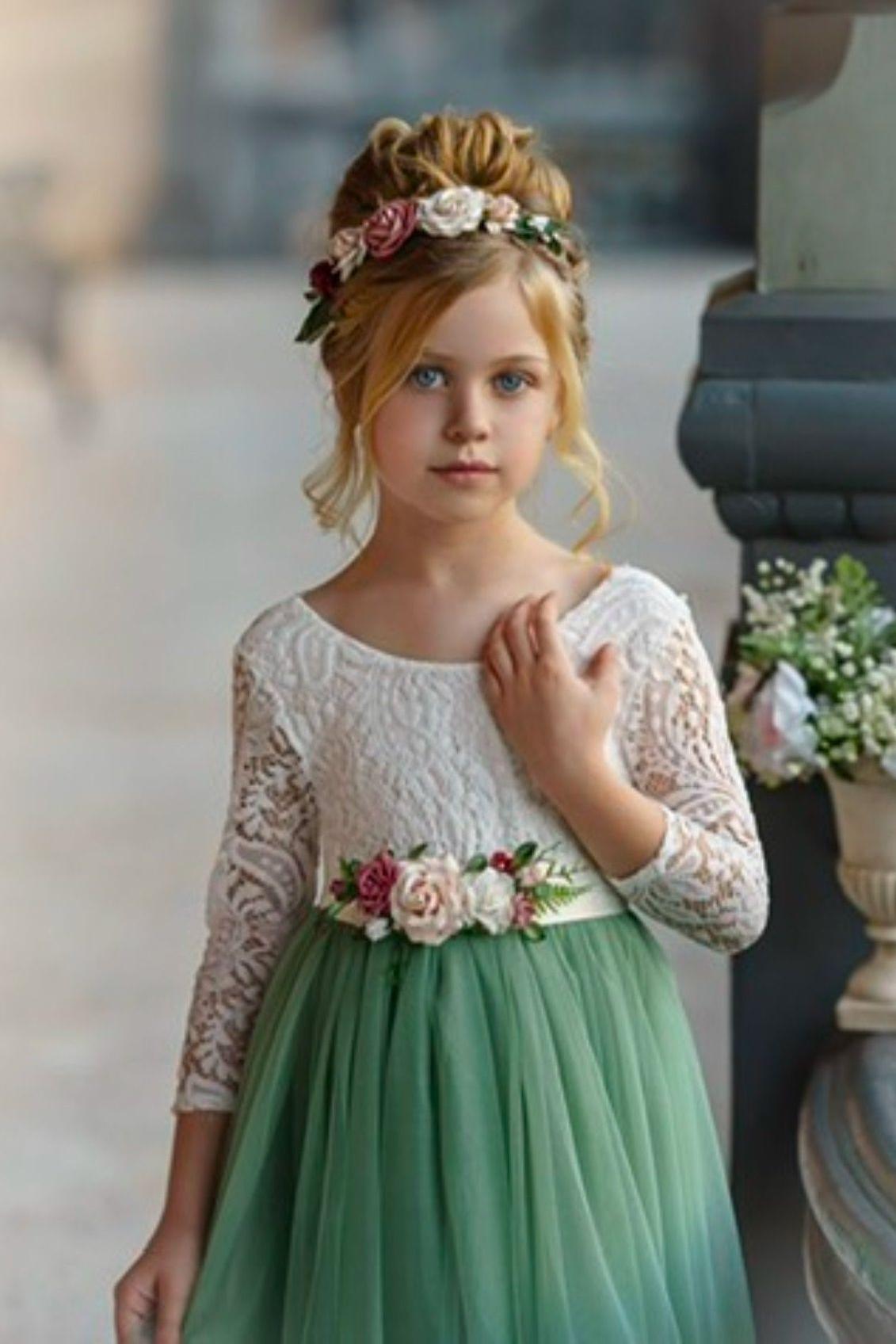 Dusty Blue and Sage Green tulle and lace Flower Girl dress - The Little Kitten Boutique