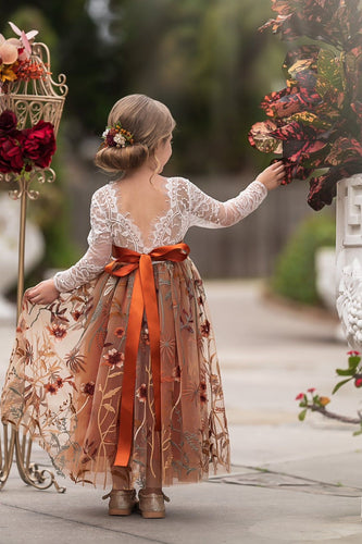 Long Sleeve floral Embroidered , lace and tulle burnt orange flower girl dress for toddlers and junior bridesmaids. Perfect for fall wedding.