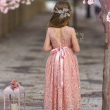 Sleeveless Ankle-Length Lace Flower Girl Dress - Rose, White, Ivory - The Little Kitten Boutique