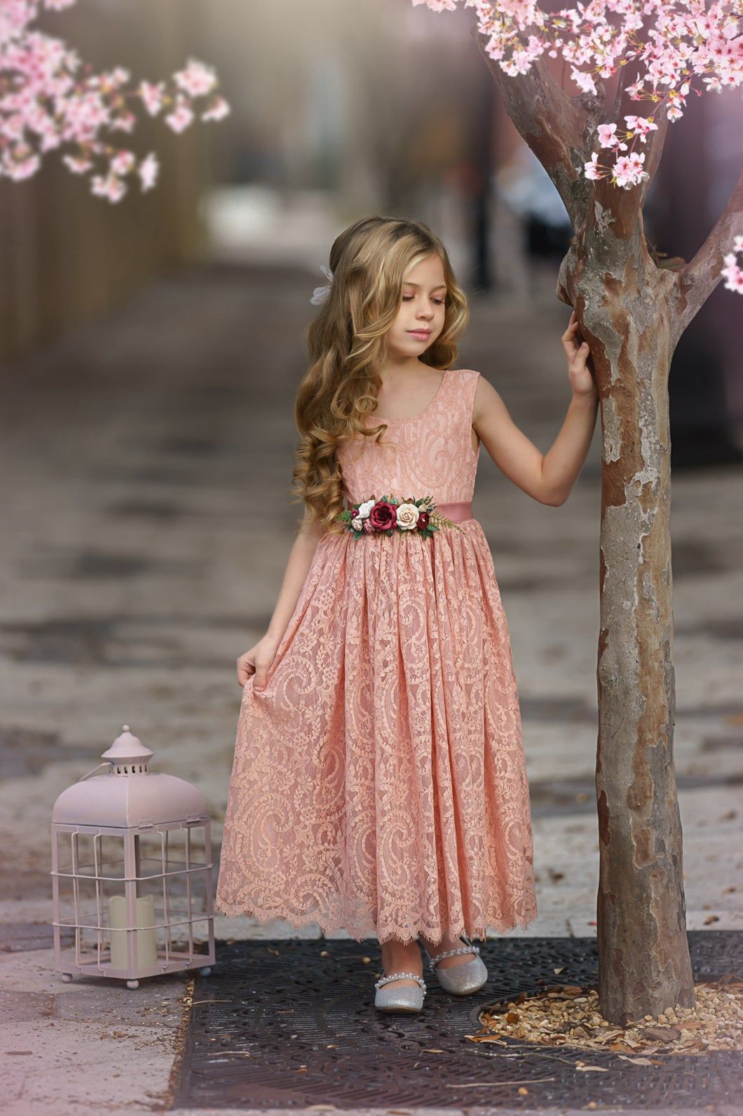 Sleeveless Ankle-Length Lace Flower Girl Dress - Rose, White, Ivory - The Little Kitten Boutique