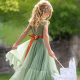 Sleeveless Sage Green Flower Girl Dress- Mermaid Bottom Layer - The Little Kitten Boutique