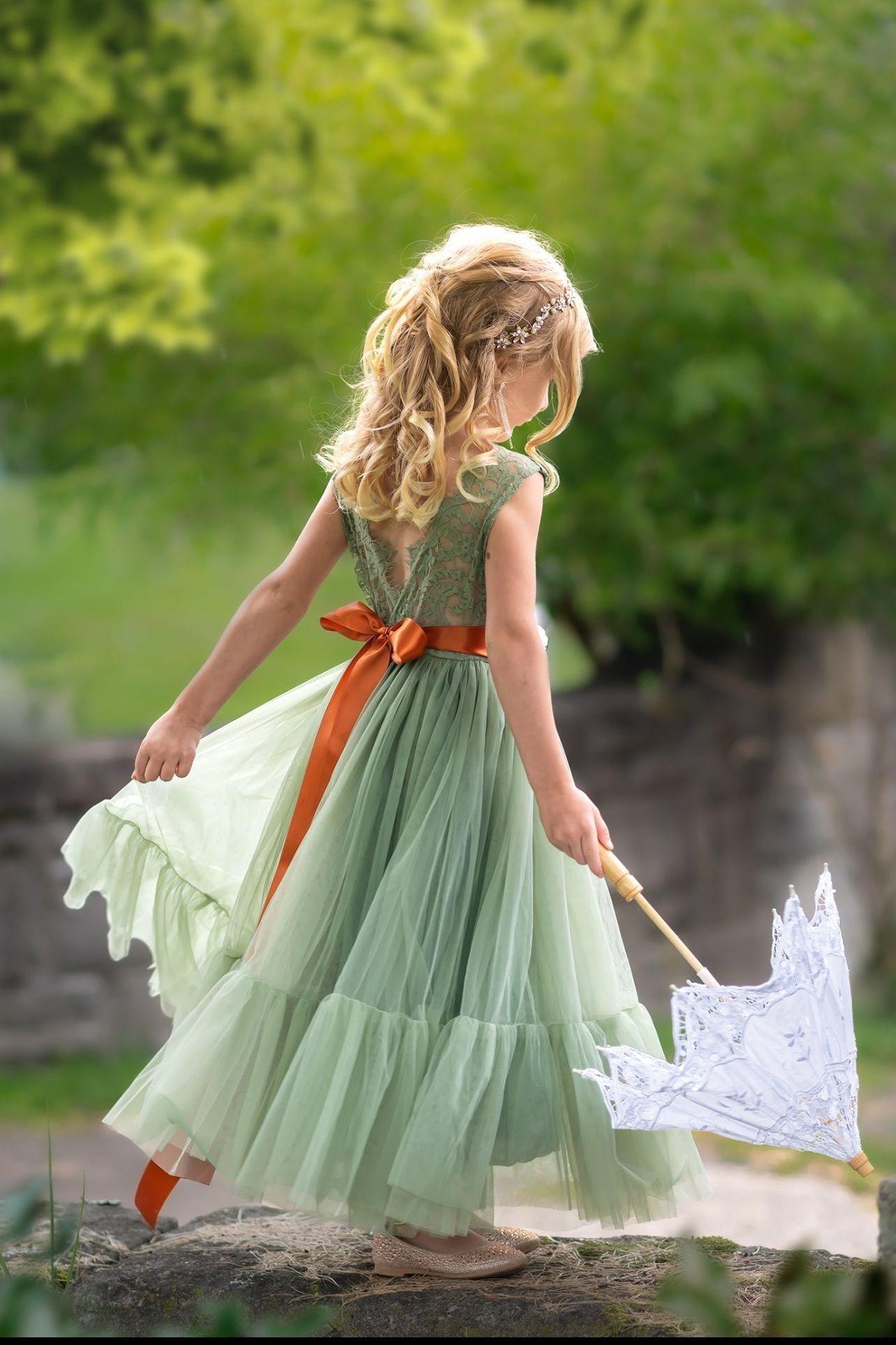 Sleeveless Sage Green Flower Girl Dress- Mermaid Bottom Layer - The Little Kitten Boutique