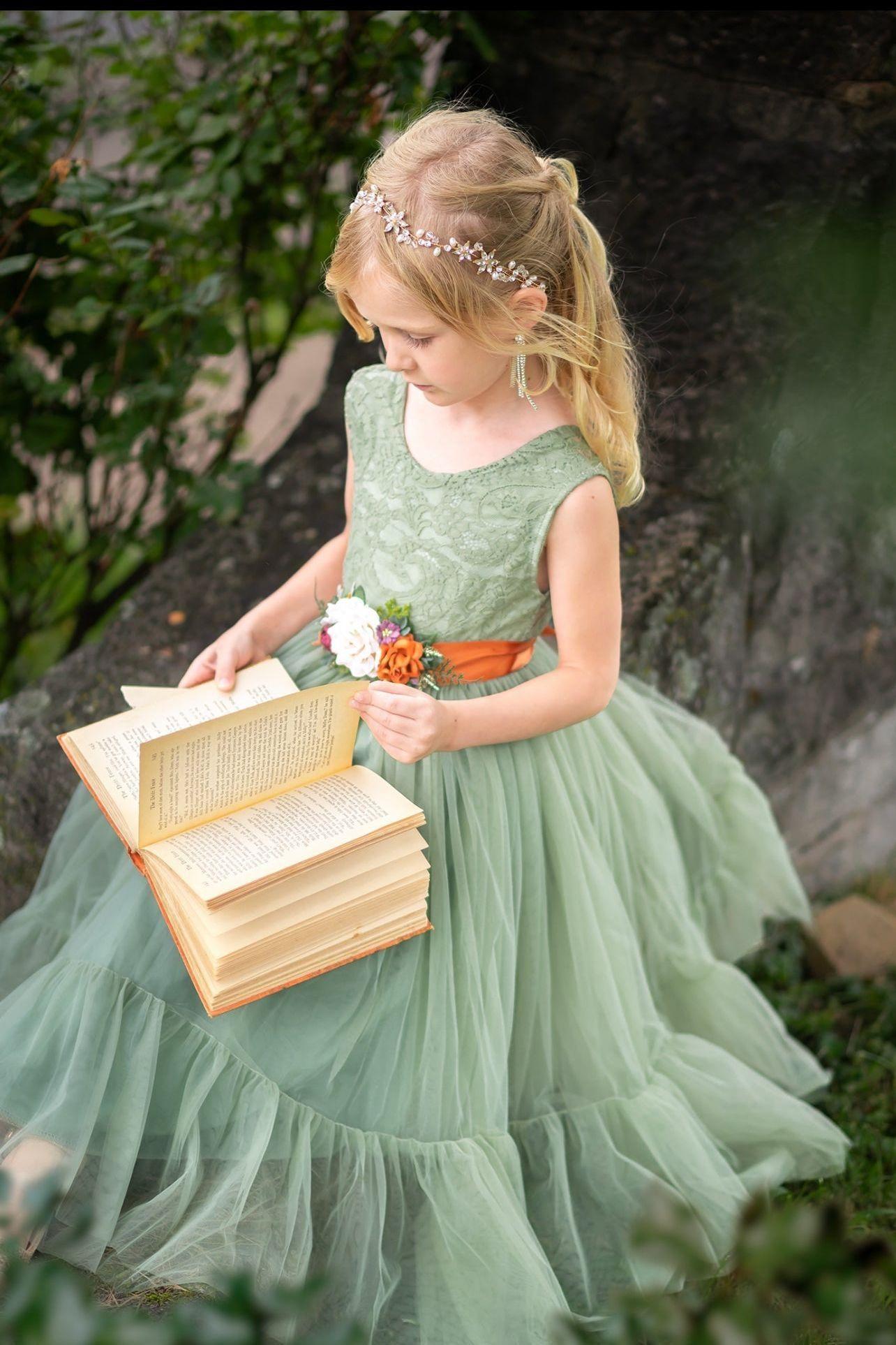 Sleeveless Sage Green Flower Girl Dress- Mermaid Bottom Layer - The Little Kitten Boutique