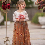 Long Sleeve Lace Tulle Flower Girl Dress for Fall Weddings - Burnt Orange - The Little Kitten Boutique