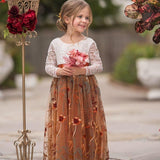 Long Sleeve Lace Tulle Flower Girl Dress for Fall Weddings - Burnt Orange - The Little Kitten Boutique
