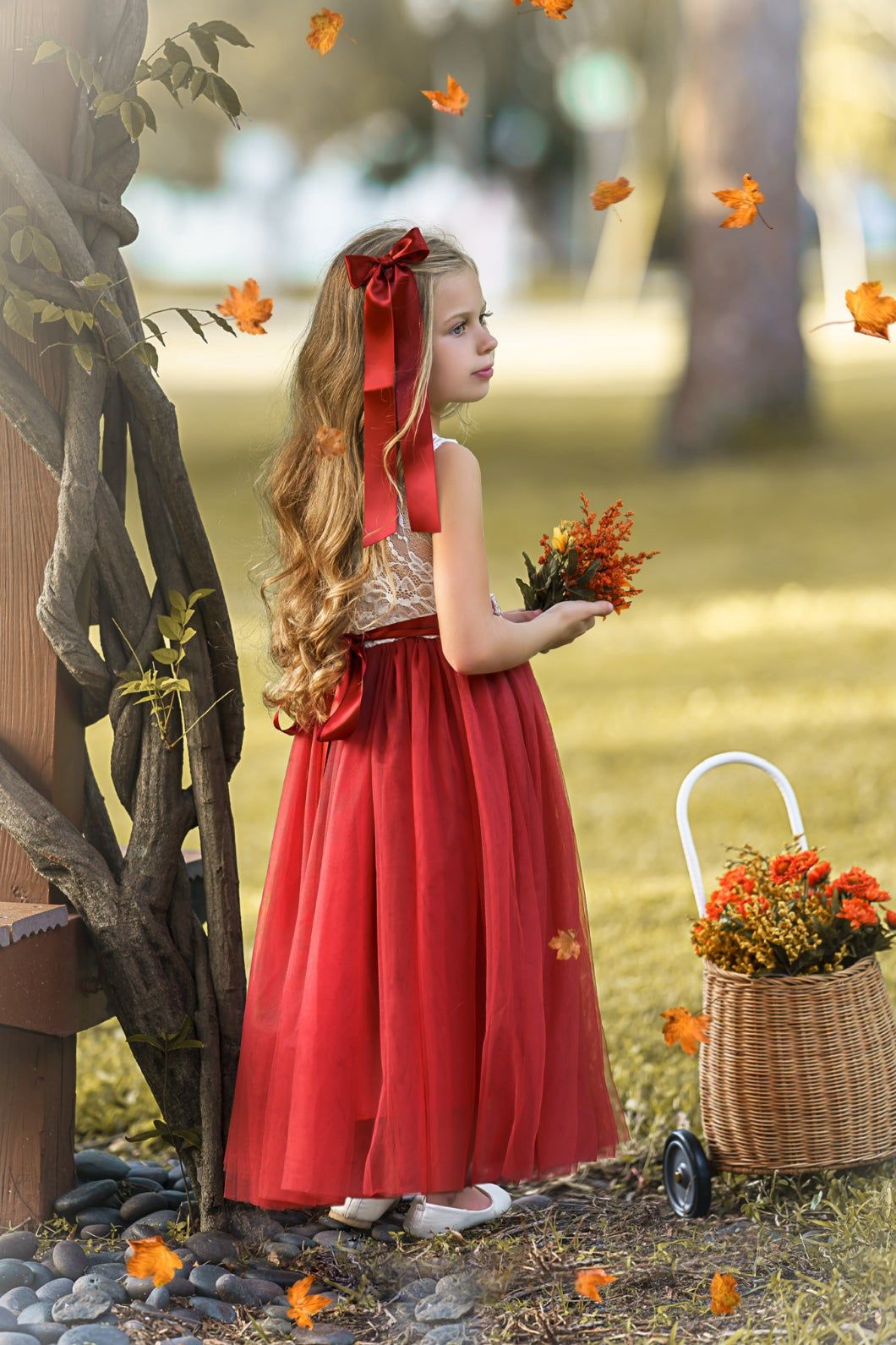 Sleeveless Burnt Orange Tulle and Lace Flower Girl Dress-magical fall dress - The Little Kitten Boutique
