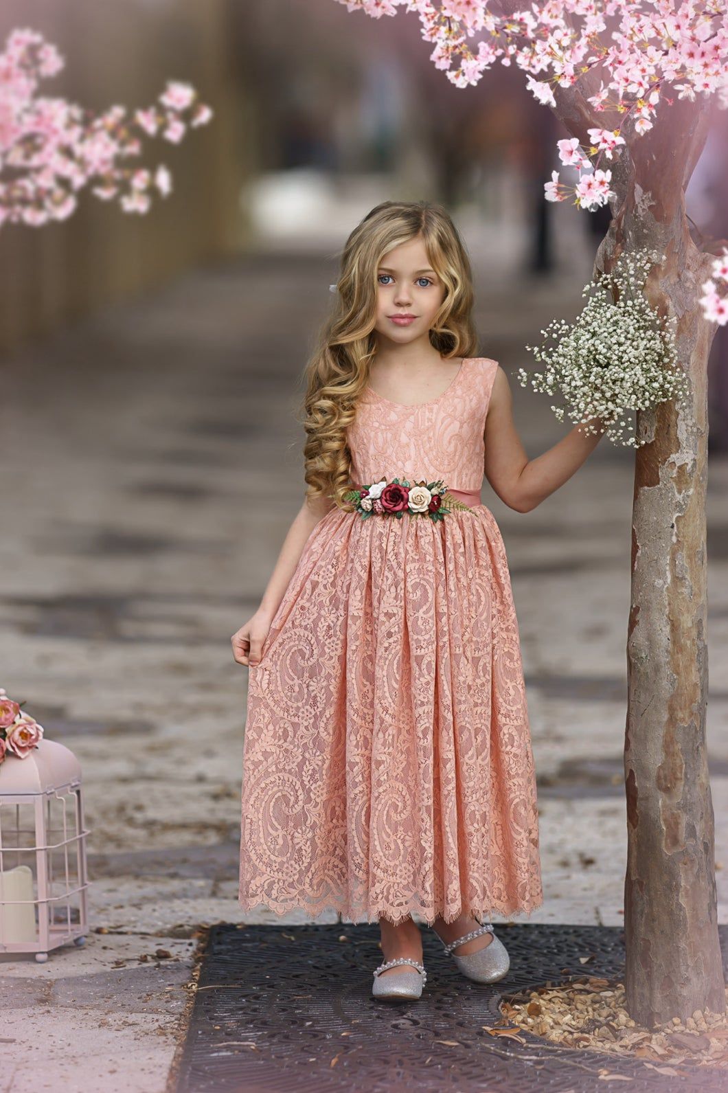 Sleeveless Ankle-Length Lace Flower Girl Dress - Rose, White, Ivory - The Little Kitten Boutique