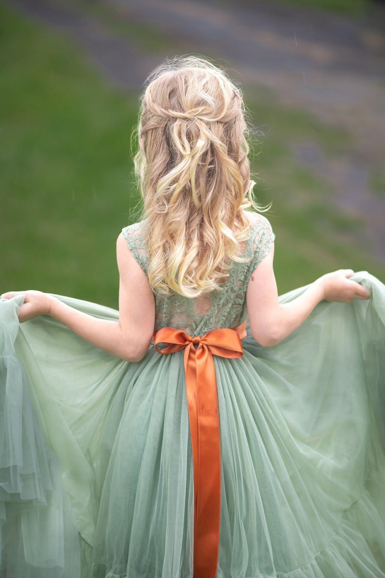 Sleeveless Sage Green Flower Girl Dress- Mermaid Bottom Layer - The Little Kitten Boutique
