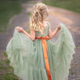 Sleeveless Sage Green Flower Girl Dress- Mermaid Bottom Layer - The Little Kitten Boutique