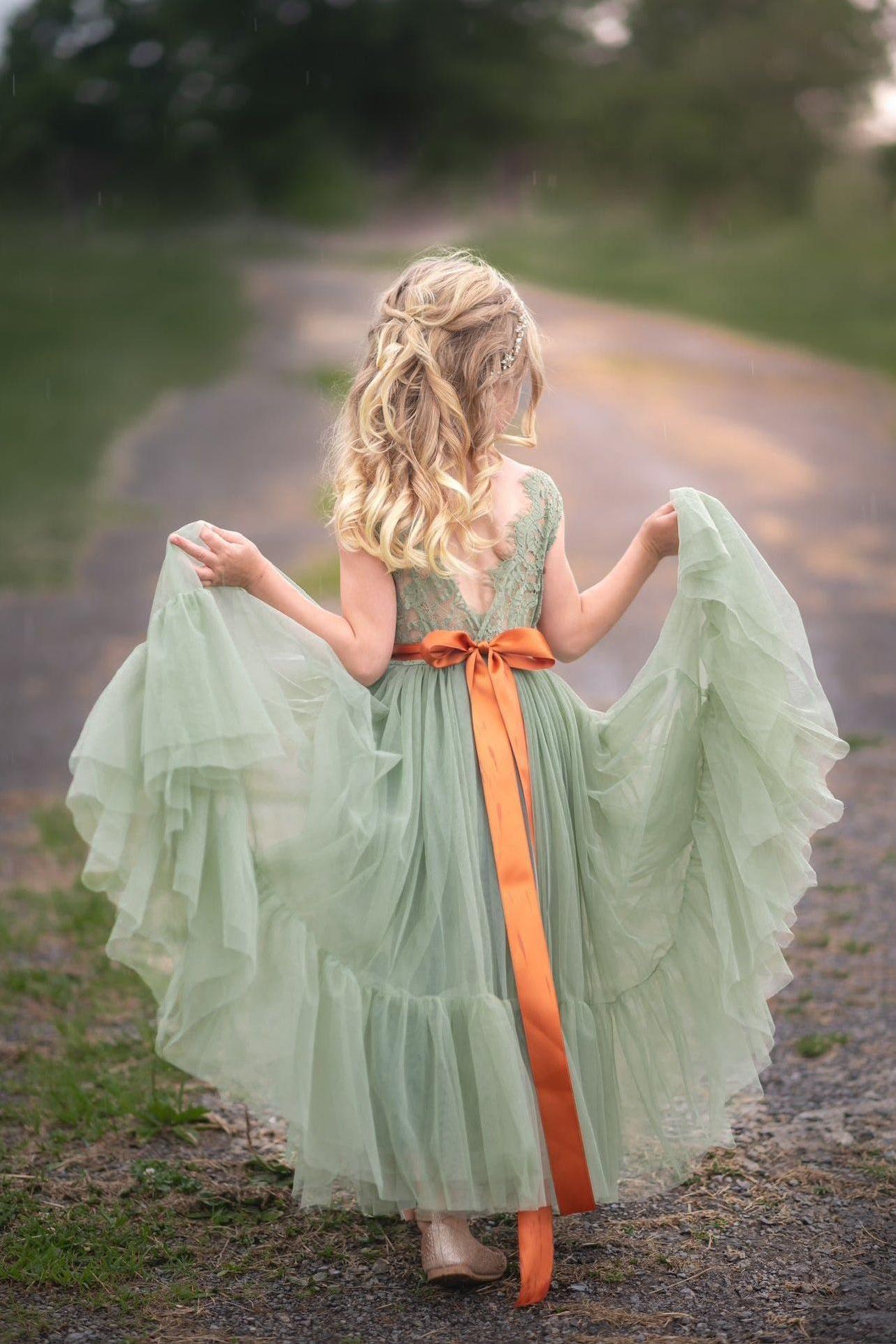Sleeveless Sage Green Flower Girl Dress- Mermaid Bottom Layer - The Little Kitten Boutique