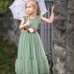 Sleeveless Sage Green Flower Girl Dress- Mermaid Bottom Layer - The Little Kitten Boutique