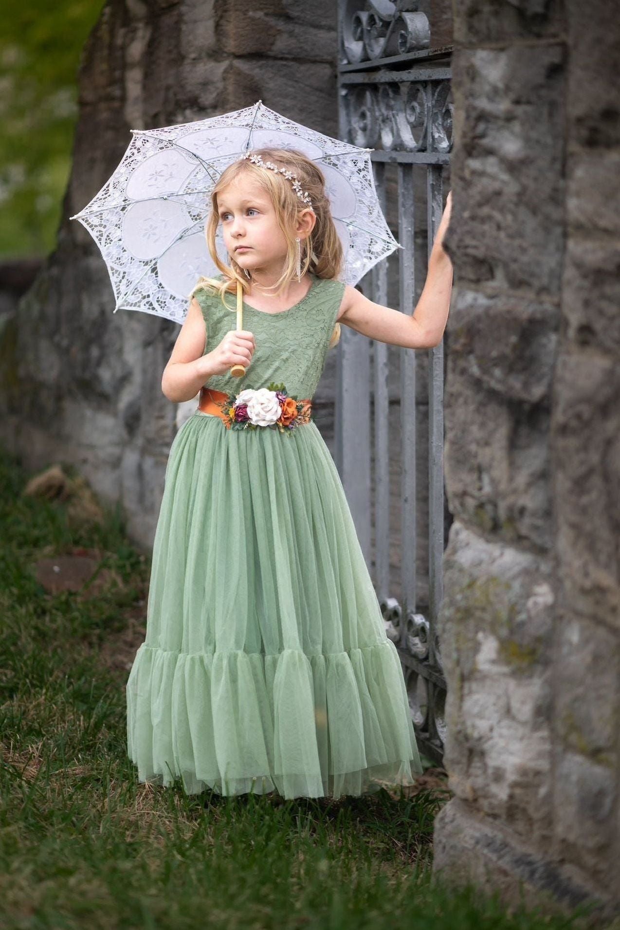 Sleeveless Sage Green Flower Girl Dress- Mermaid Bottom Layer - The Little Kitten Boutique