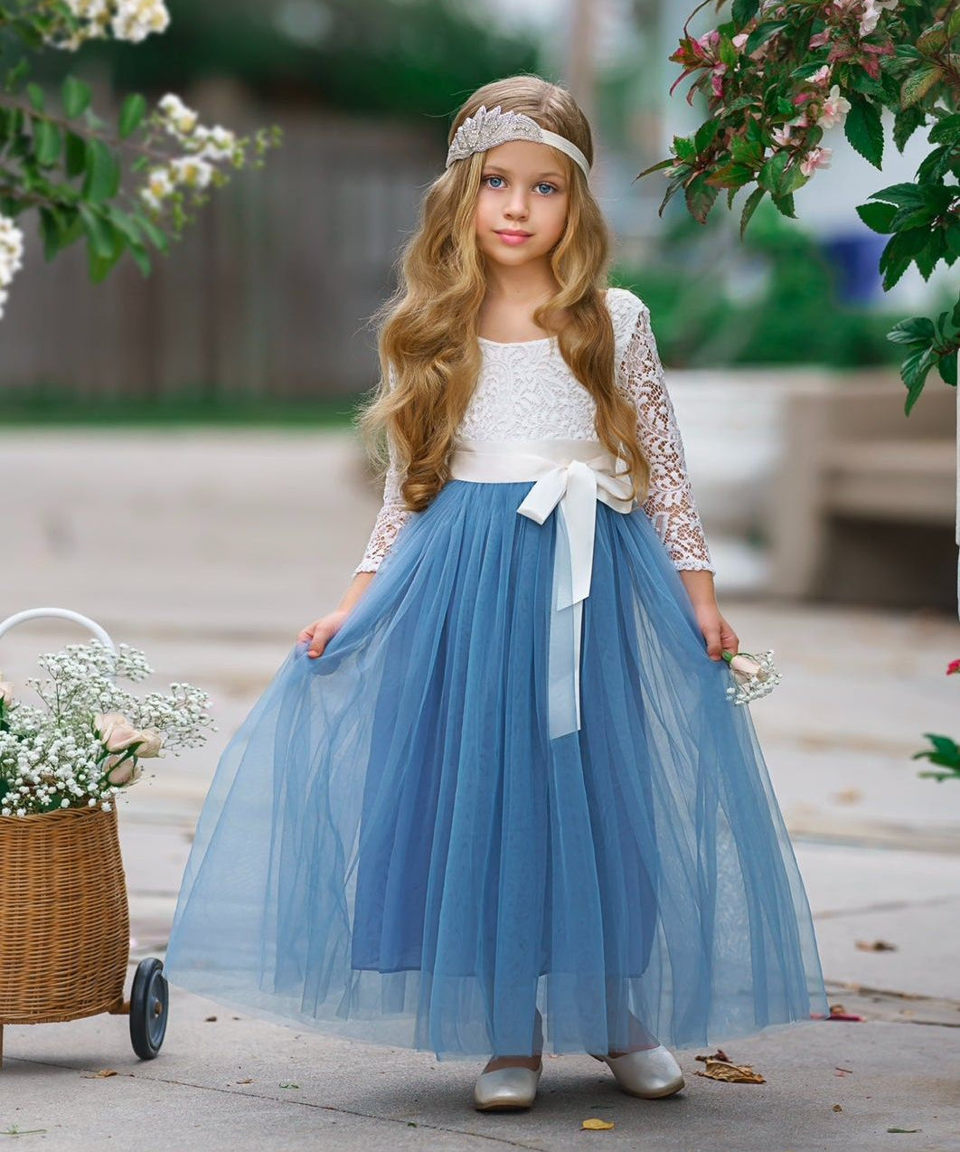 Dusty Blue and Sage Green tulle and lace Flower Girl dress - The Little Kitten Boutique