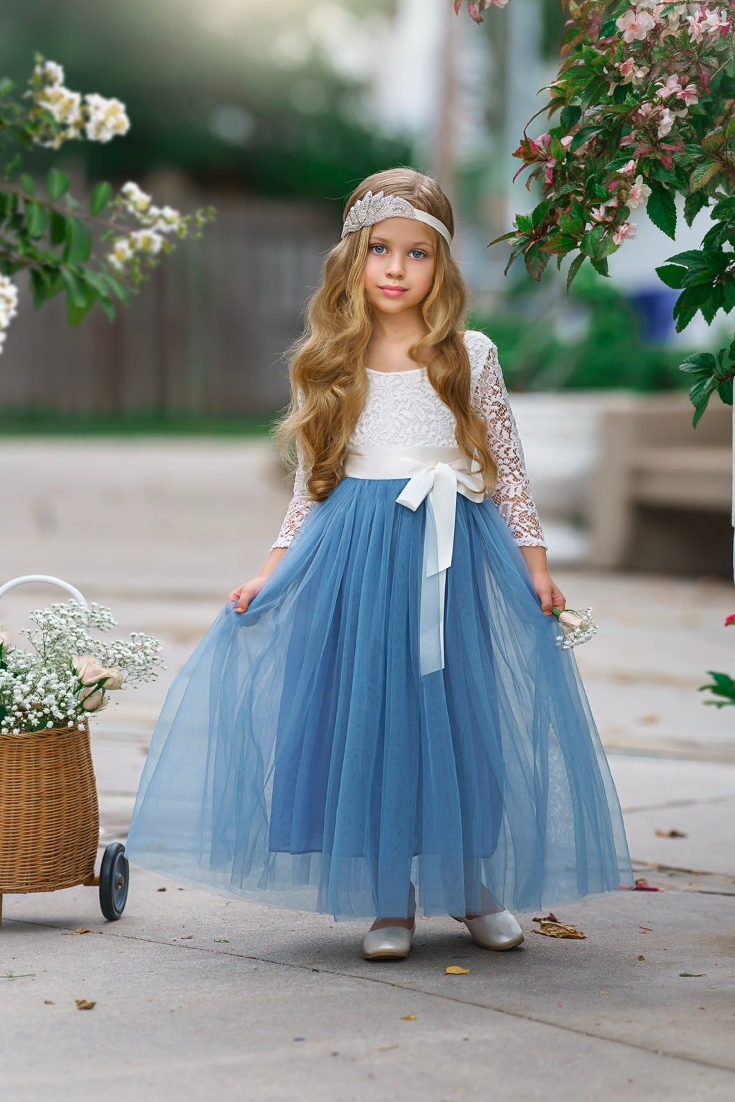 Dusty Blue and Sage Green tulle and lace Flower Girl dress - The Little Kitten Boutique