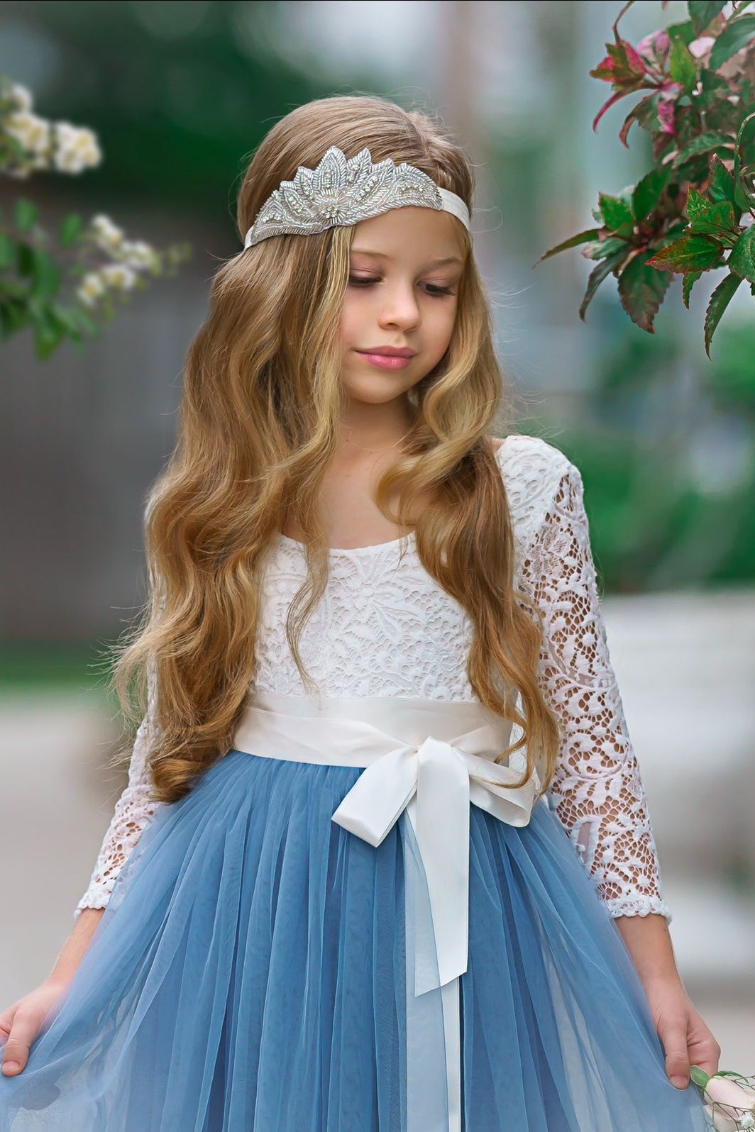 Dusty Blue and Sage Green tulle and lace Flower Girl dress - The Little Kitten Boutique