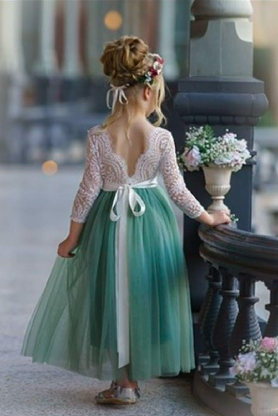 Dusty Blue and Sage Green tulle and lace Flower Girl dress - The Little Kitten Boutique