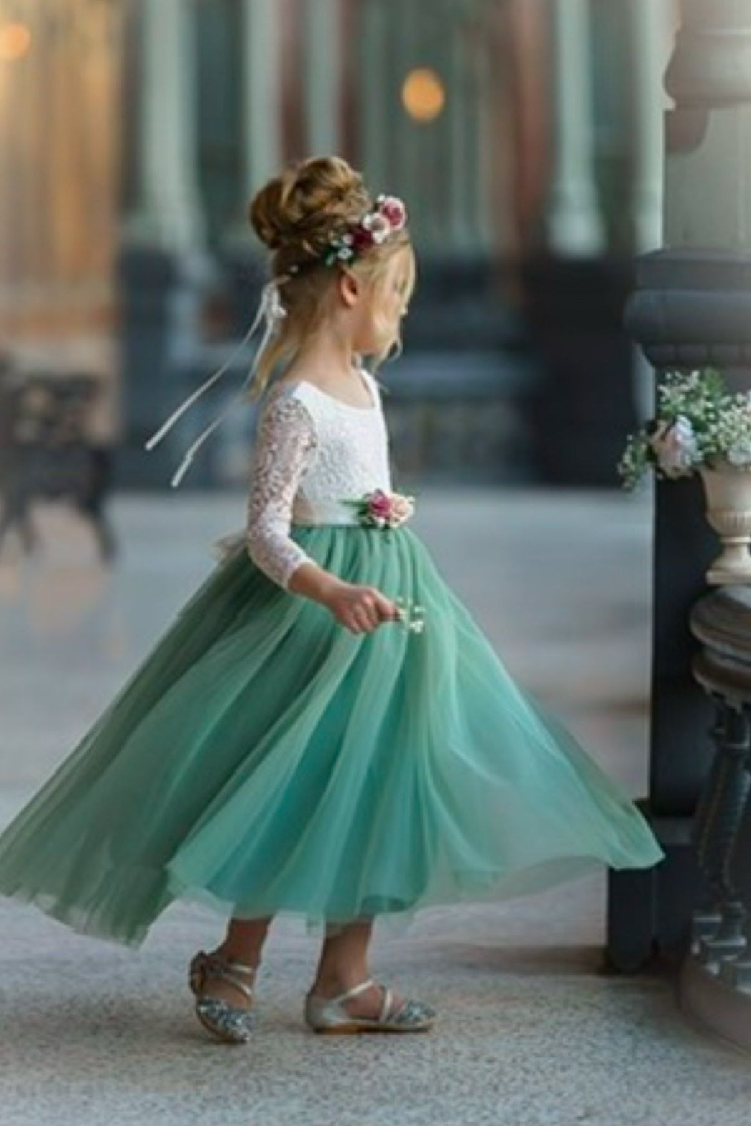 Dusty Blue and Sage Green tulle and lace Flower Girl dress - The Little Kitten Boutique