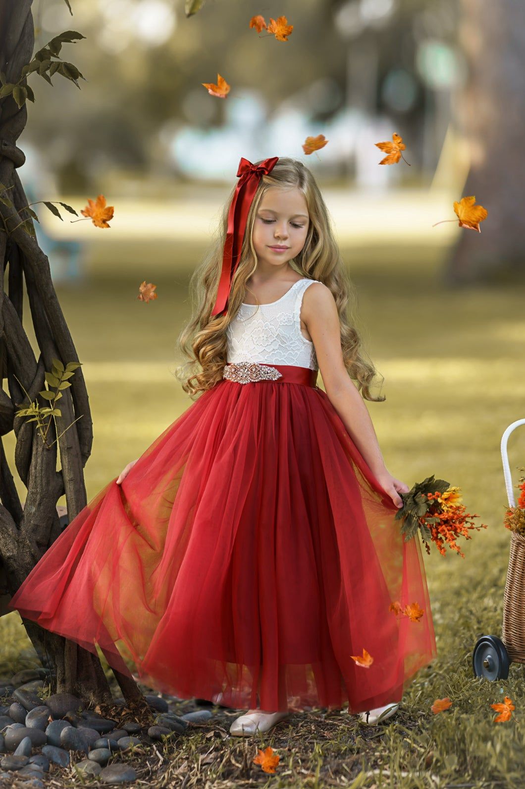 Sleeveless Burnt Orange Tulle and Lace Flower Girl Dress-magical fall dress - The Little Kitten Boutique