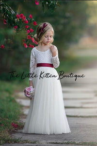 Long Sleeve Special Occasion Dress /  Lace and tulle flower girl dress