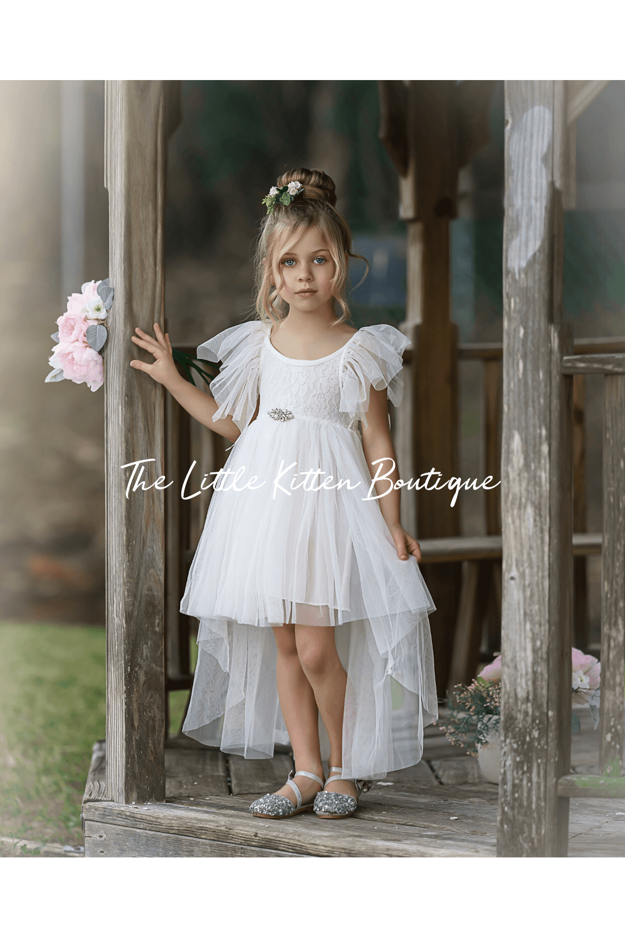 Blush Tulle High Low Flower Girl Dress / Girls Special Occasion Dress - The Little Kitten Boutique