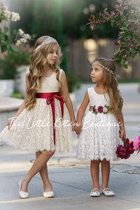 Antique Ivory and Off White Sleeveless Knee Length Lace Flower Girl Dresses