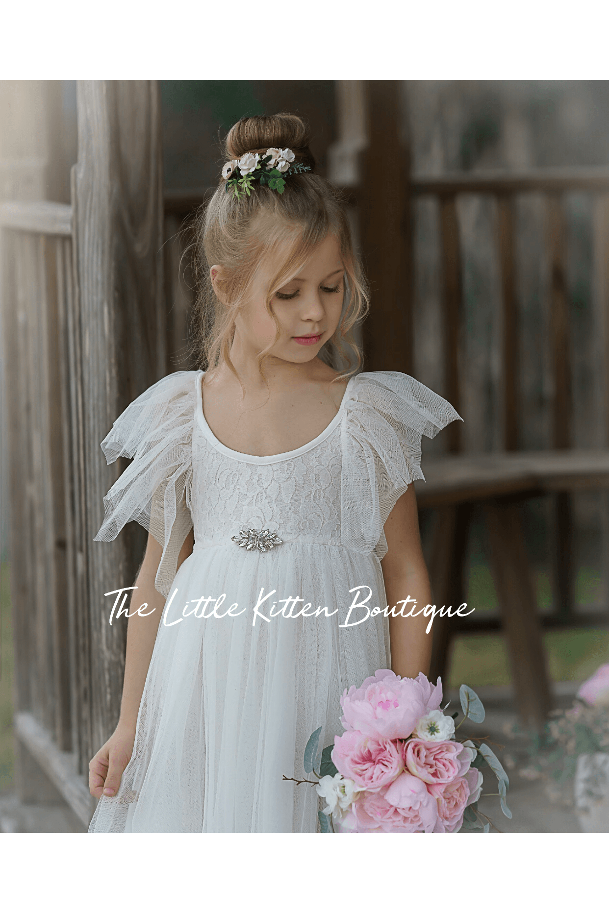 Blush Tulle High Low Flower Girl Dress / Girls Special Occasion Dress - The Little Kitten Boutique