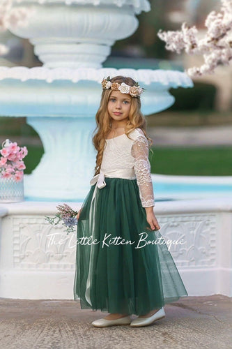 Long Sleeve Forest Green Flower Girl Dress for Weddings, Birthday Parties , Family Photo Shoots and More