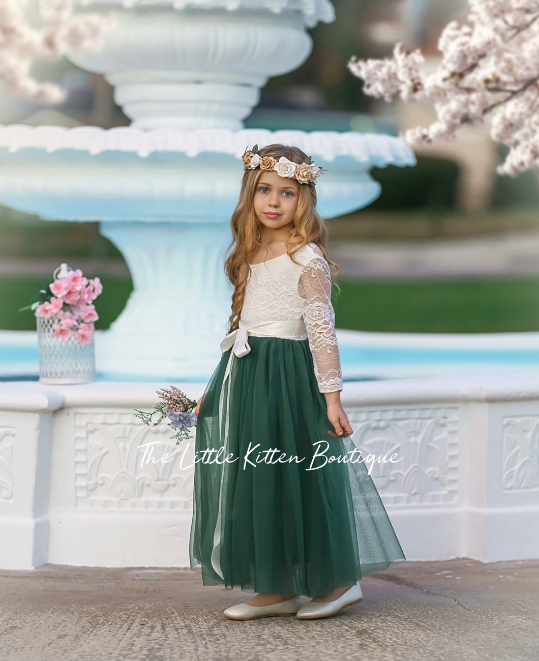 Long Sleeve Forest Green Flower Girl Dress for Weddings, Birthday Parties , Family Photo Shoots and More