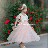 Lace and tulle Flower Girl Dress / Special Occasion Dress with Butterfly Cap Sleeve - The Little Kitten Boutique