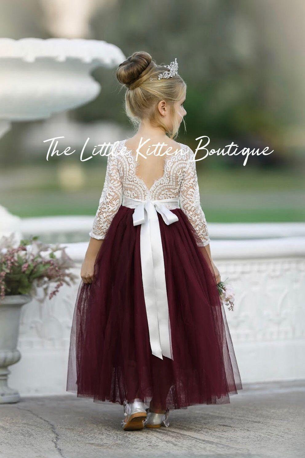 Long Sleeve Special Occasion Dress /  Lace and tulle flower girl dress