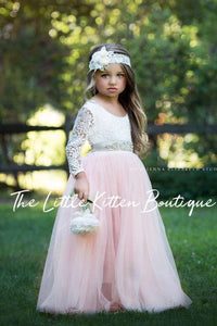 Classic Long Sleeve Tulle and Lace Flower Girl Dress / Girls Special Occasion Dress