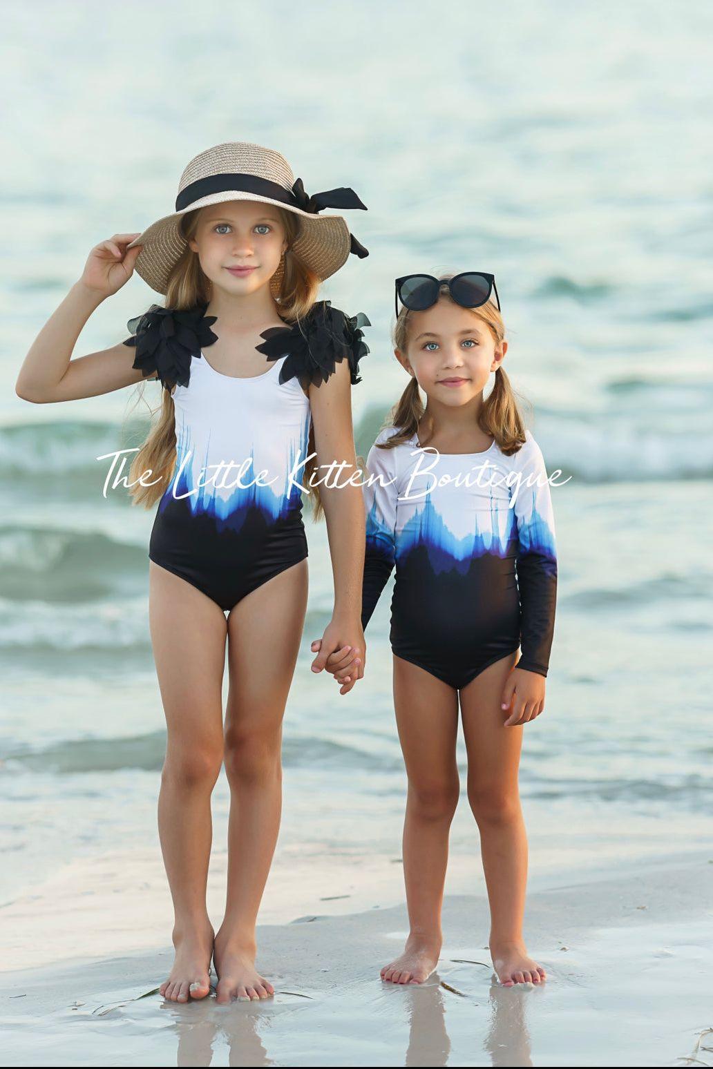 Blue Ombre girls 1 piece swimsuit with rash guard - 1 piece bathing su –  The Little Kitten Boutique