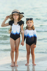 Blue Ombre girls 1 piece swimsuit with rash guard - 1 piece bathing suit