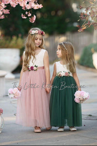 Forest Green, Prima Pink and Mauve Flower Girl Dresses