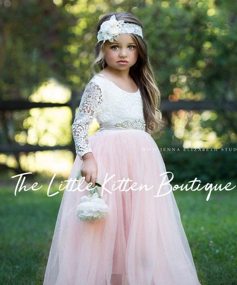 Princess Inspired, Long Sleeve Special Occasion Dress / Lace and tulle flower girl dress - The Little Kitten Boutique